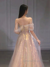 Gold Sparkle A Line Tulle Sequin Long Semi Formal Prom Dress